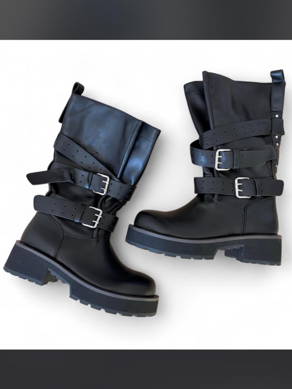 New Black Buckle Strap Women's Combat motto Boots size 8.5